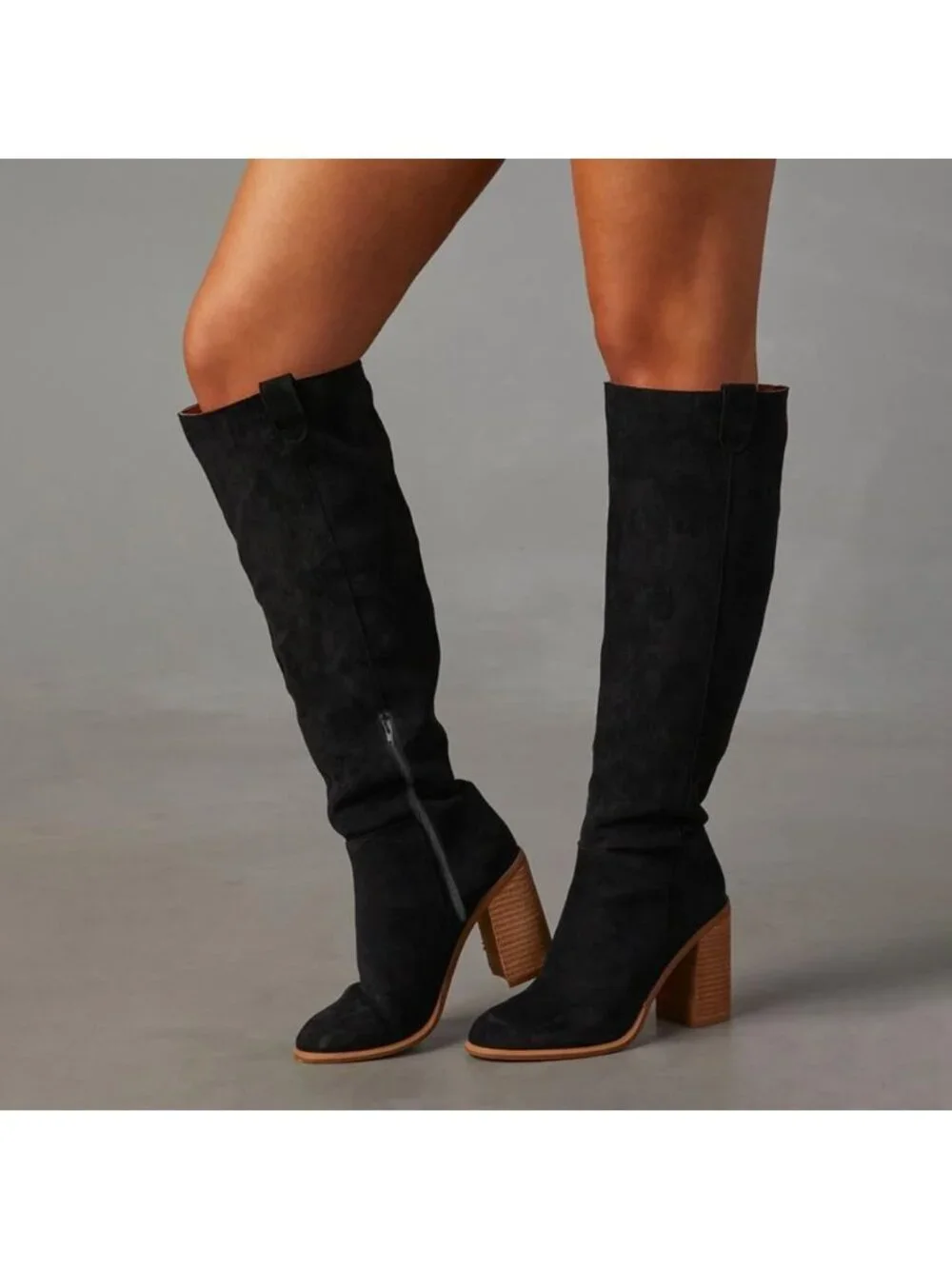Women's Black High Heel Round Toe Faux Suede Side Zipper Slouch Knee High Boots